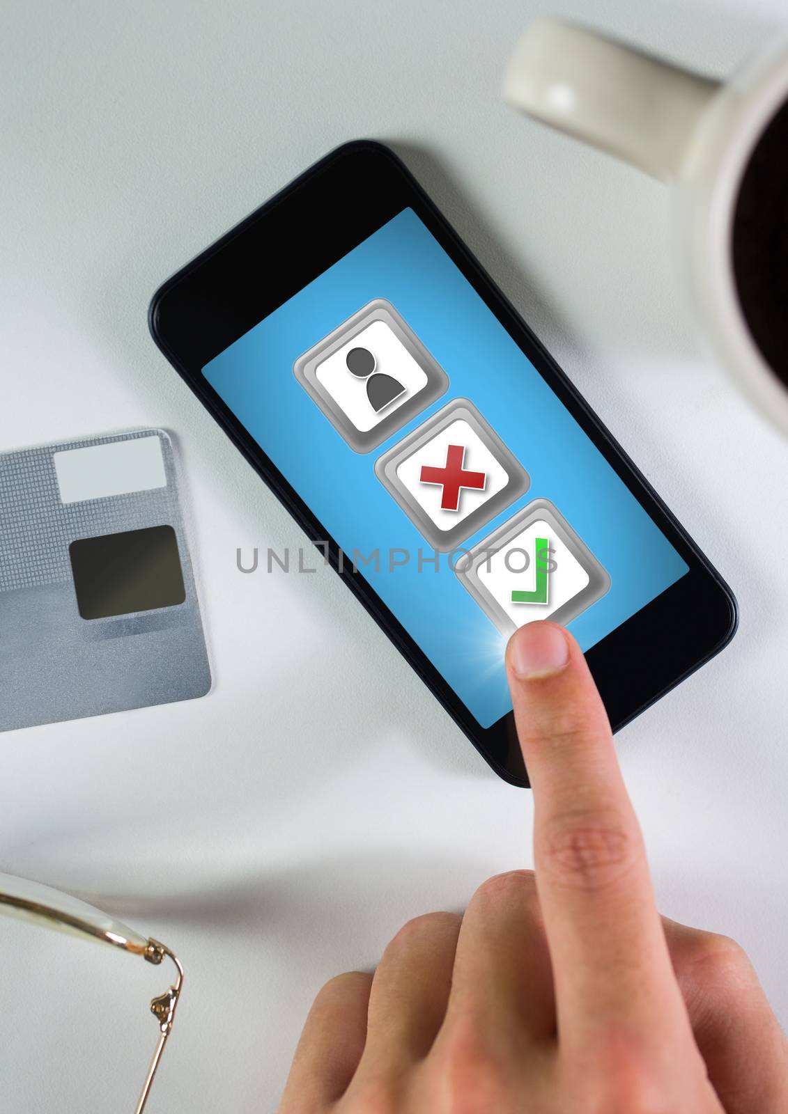 Digital composite of Hand touching phone with user feedback buttons