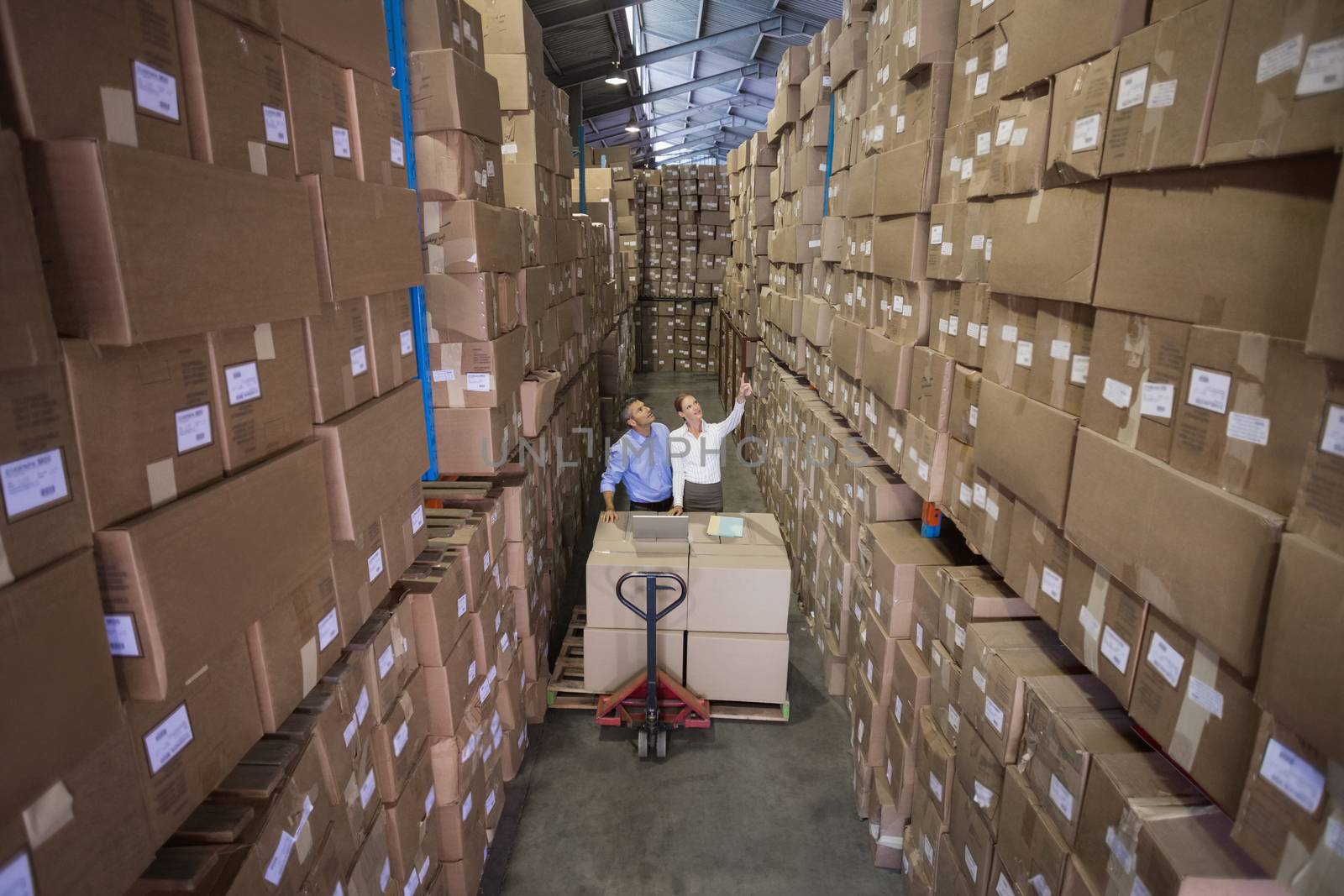 Warehouse team working together with trolley in a large warehouse