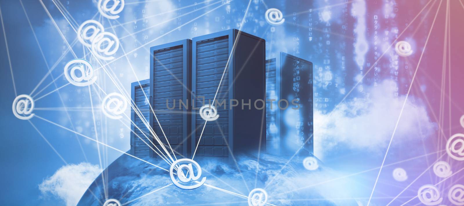 Abstract image of at email sign against server racks against sky and cloud
