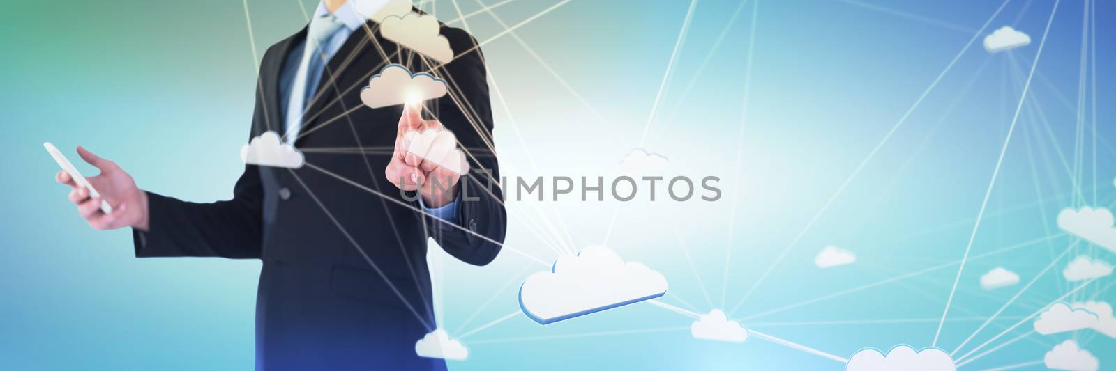 Composite image of mid section of businessman holding mobile phone while using interface screen by Wavebreakmedia