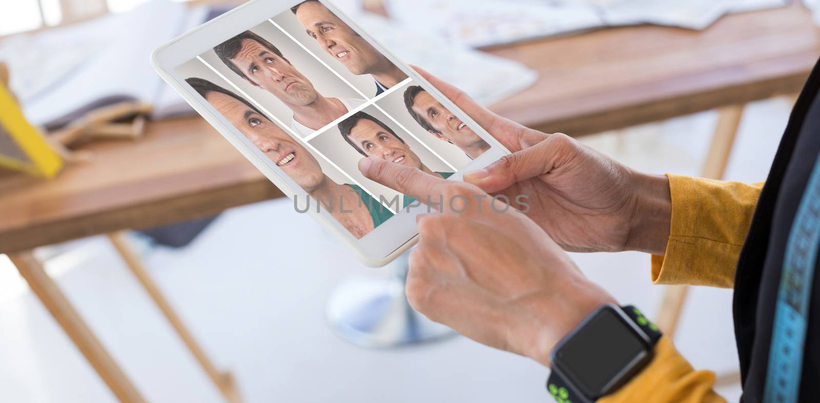 People collage portrait single 5 against fashion designer using digital tablet in office