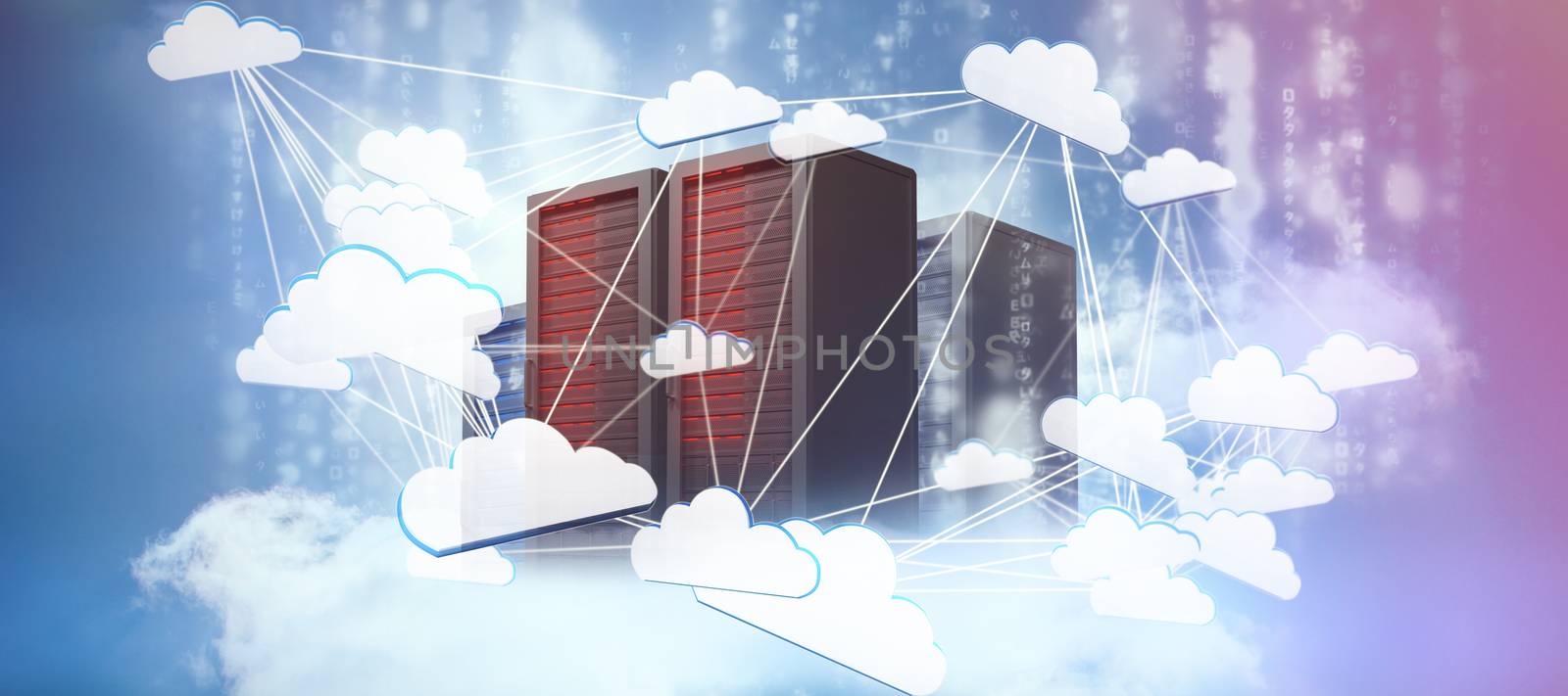 Abstract image of cloud computing symbol against server racks against sky and cloud