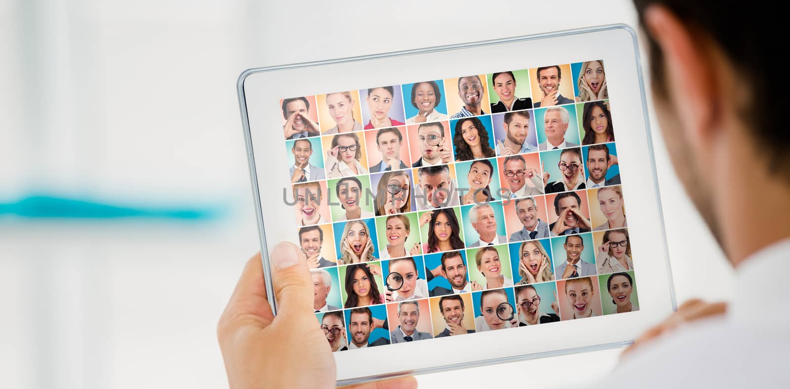 People collage portrait very wide against cropped image of businessman holding digital tablet