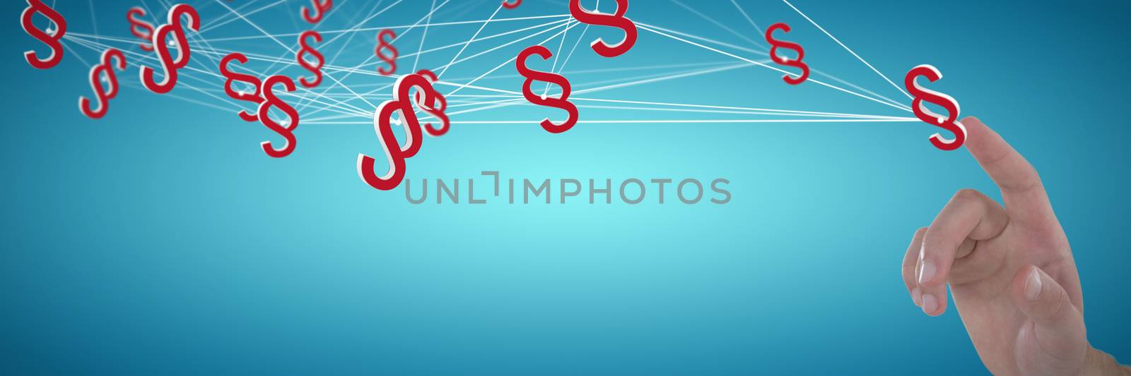 Hand gesture against white background against abstract blue background