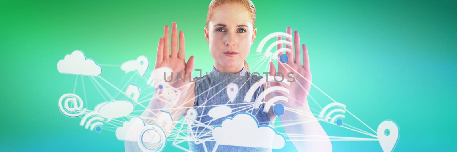 Portrait of serious businesswoman showing stop gesture against abstract green background