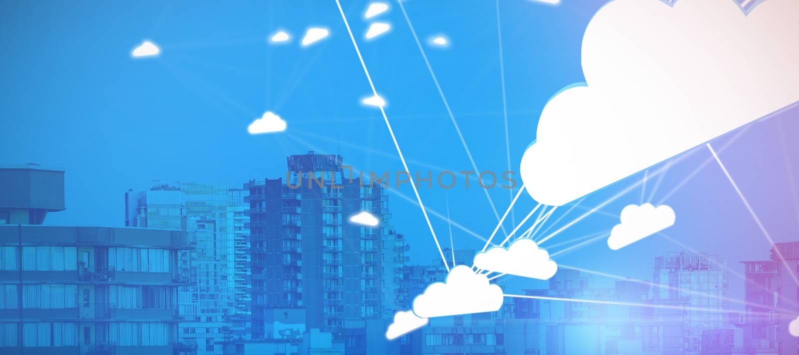 Abstract image of cloud computing symbol against buildings in city during sunset