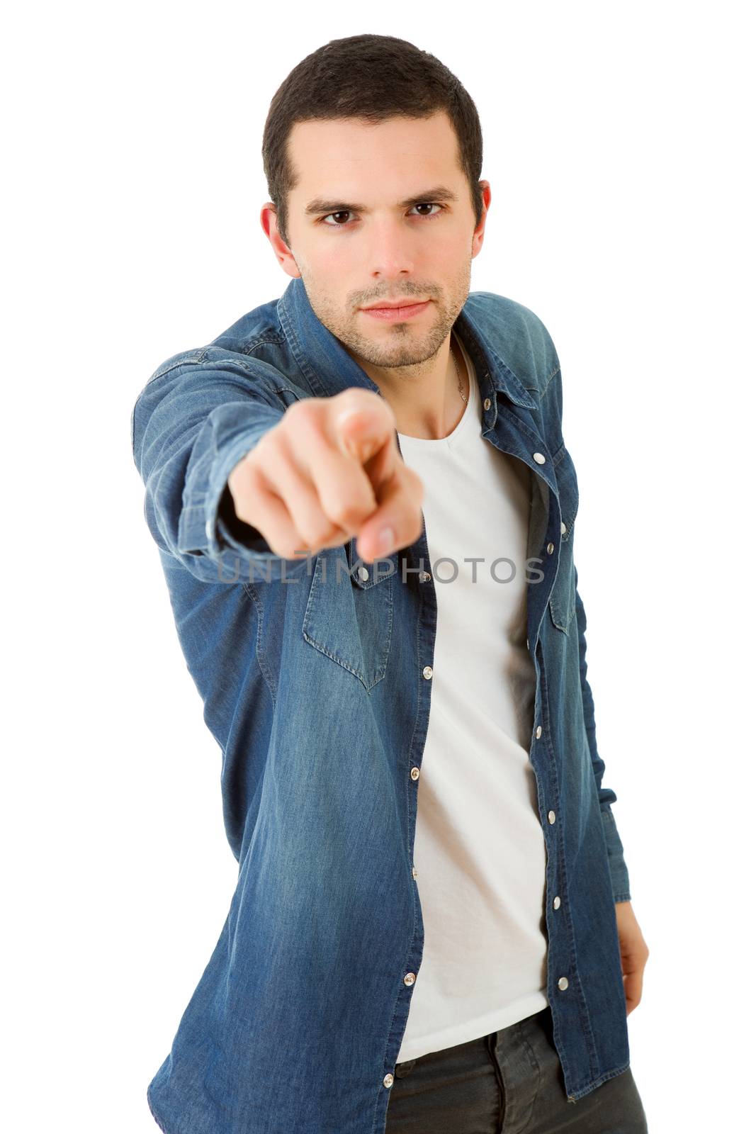 young casual man pointing, isolated on white