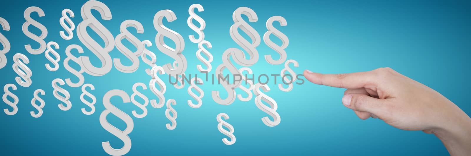 Human hand pointing on white background against abstract blue background