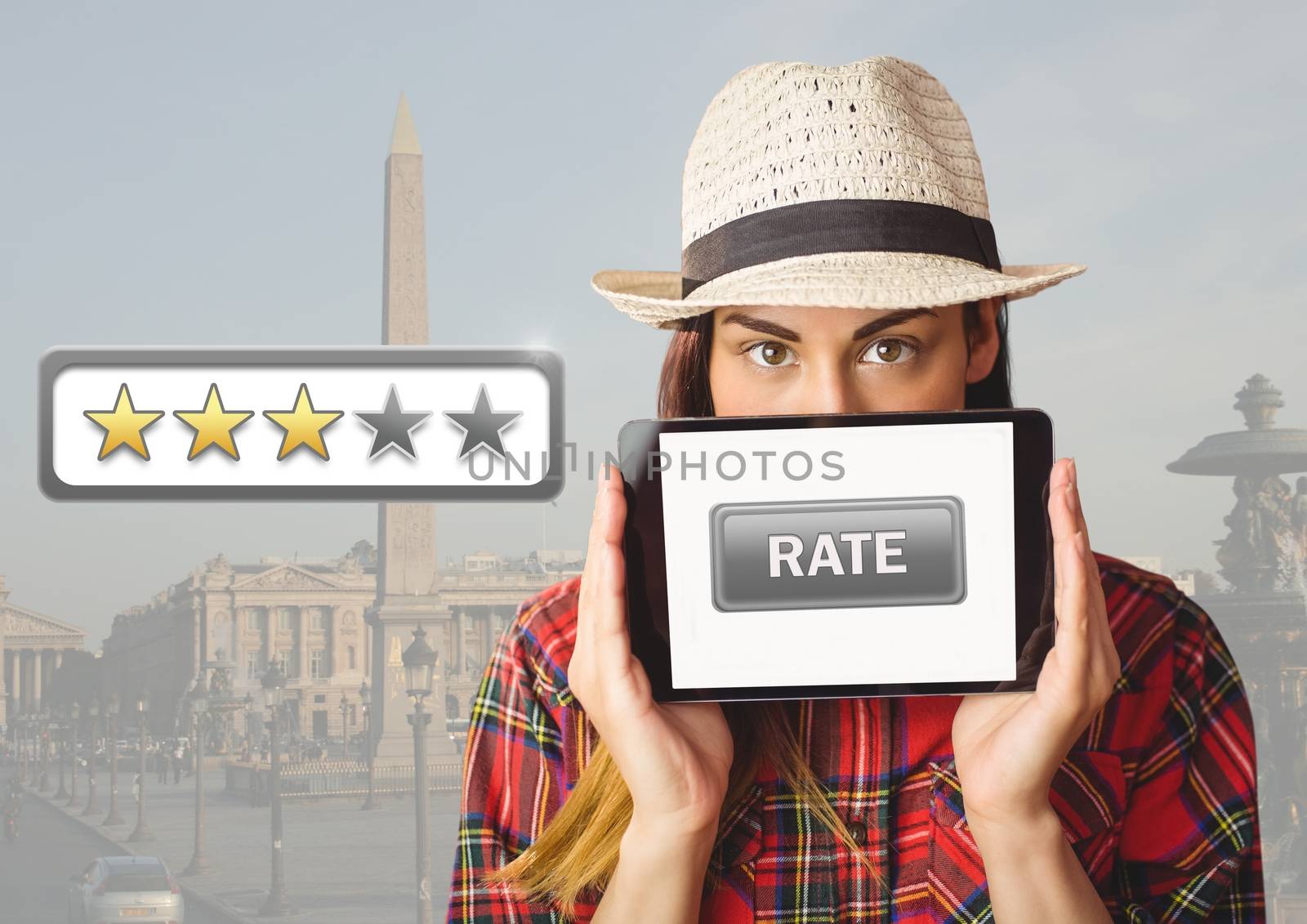 Digital composite of Woman holding tablet with rate button and star reviews over travel destination