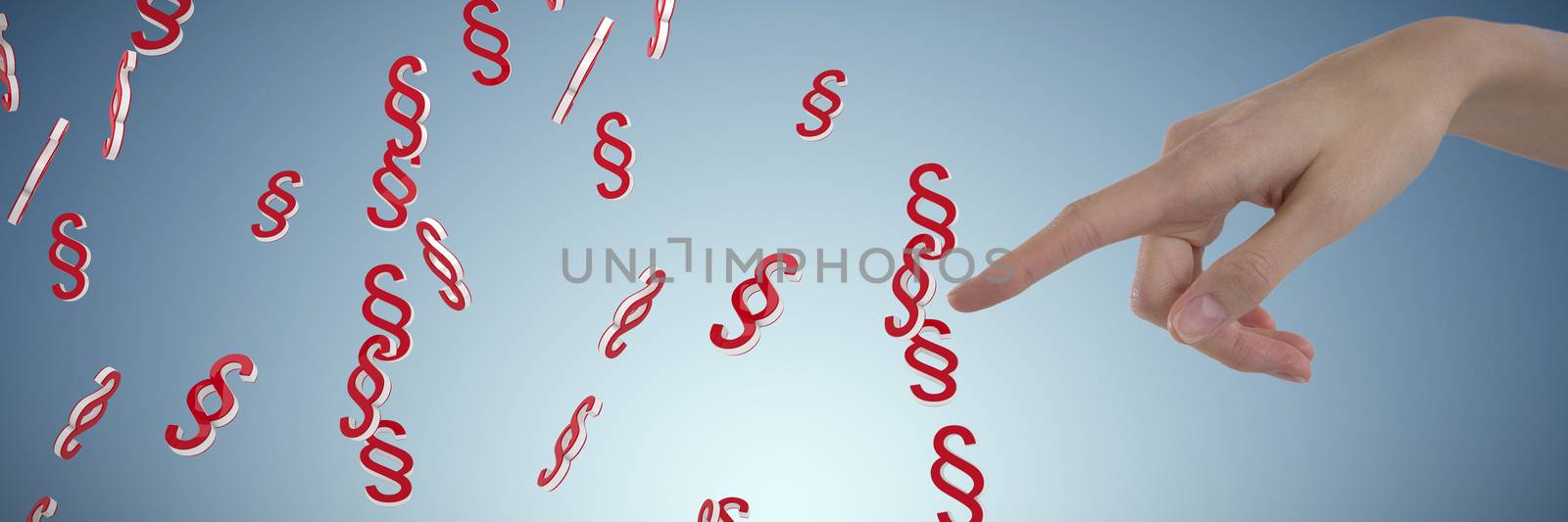 Womans hand using invisible screen against abstract blue background