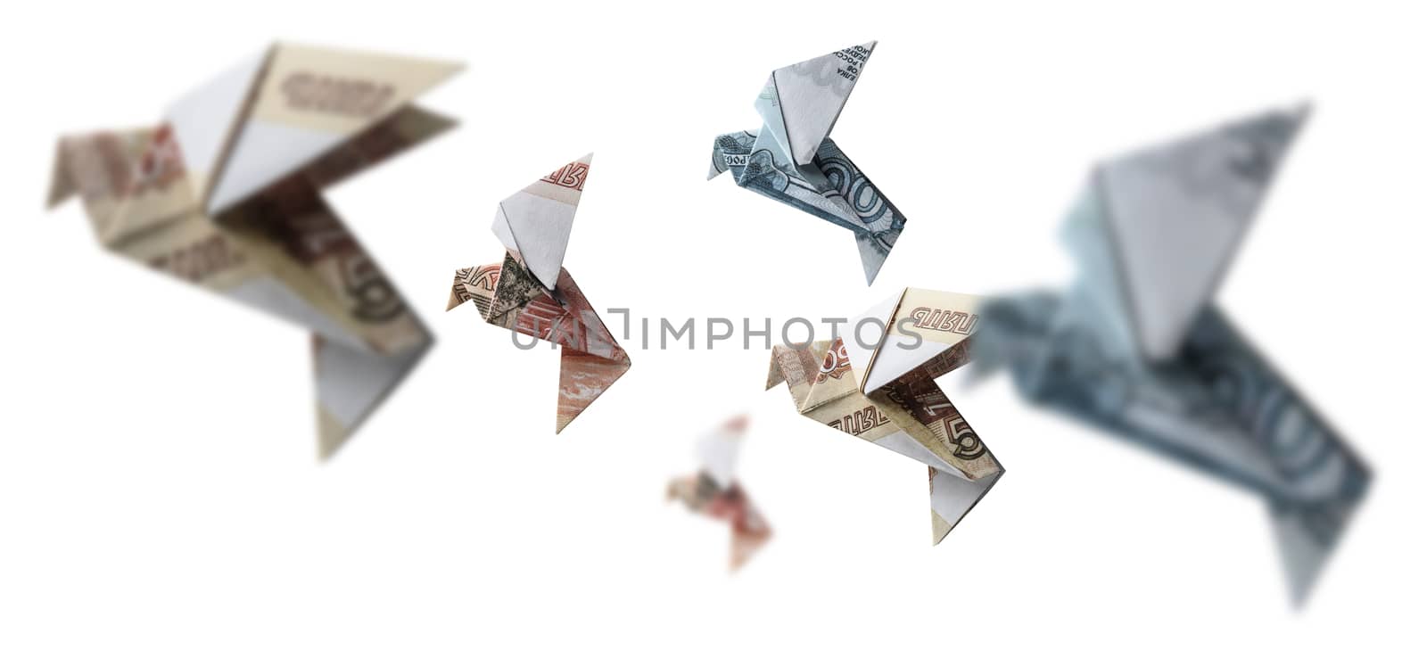 Russian rubles in the form of birds. Flying on a white background by butenkow