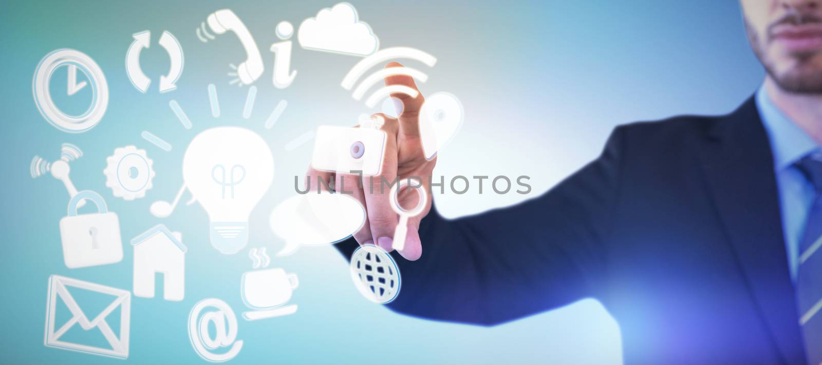 Cropped image of businessman touching index finger on invisible screen against abstract blue background