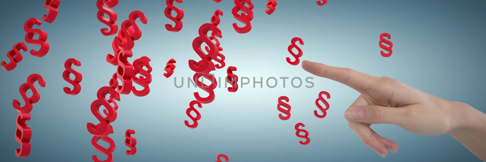 Womans hand using invisible screen against abstract green background,