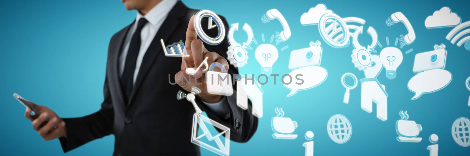 Composite image of mid section of businessman using phone while touching invisible interface by Wavebreakmedia
