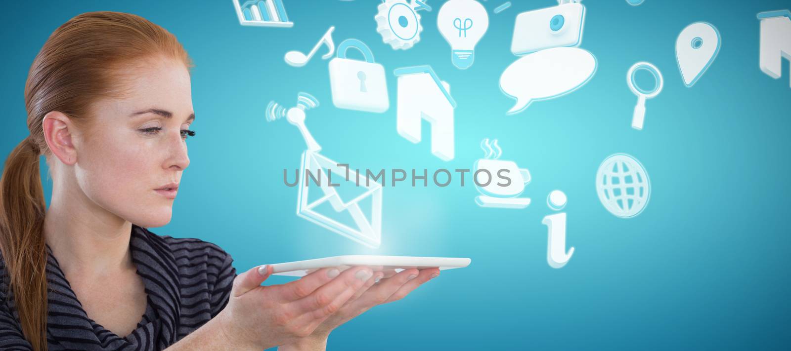 Young businesswoman holding digital tablet against abstract blue background