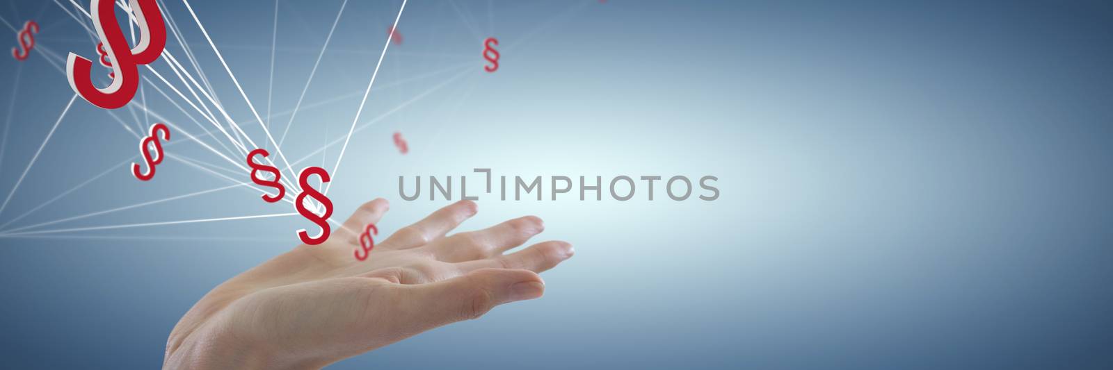 Hand gesture against white background against abstract blue background