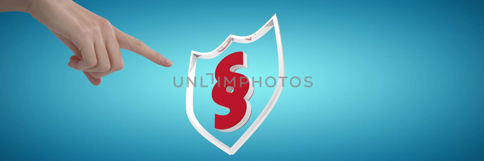 Womans hand using invisible screen against abstract blue background