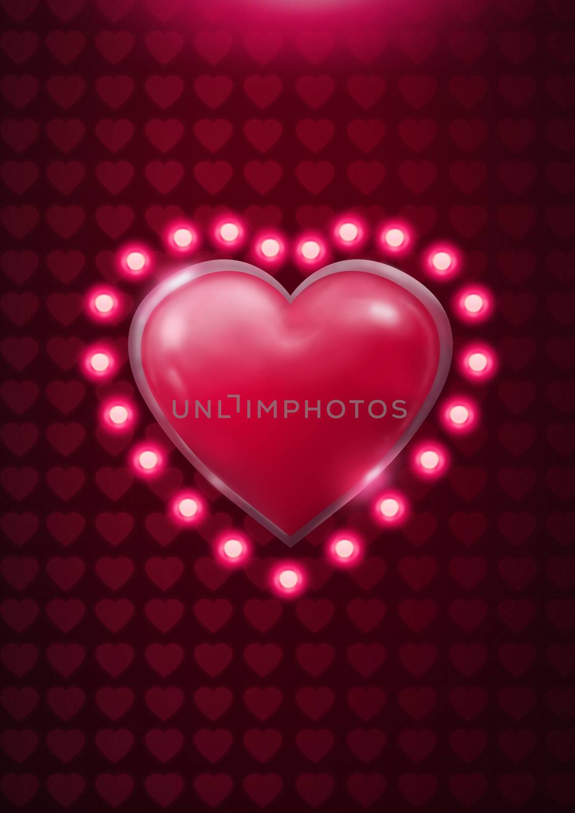 Digital composite of Glowing shiny heart and neon light bulbs