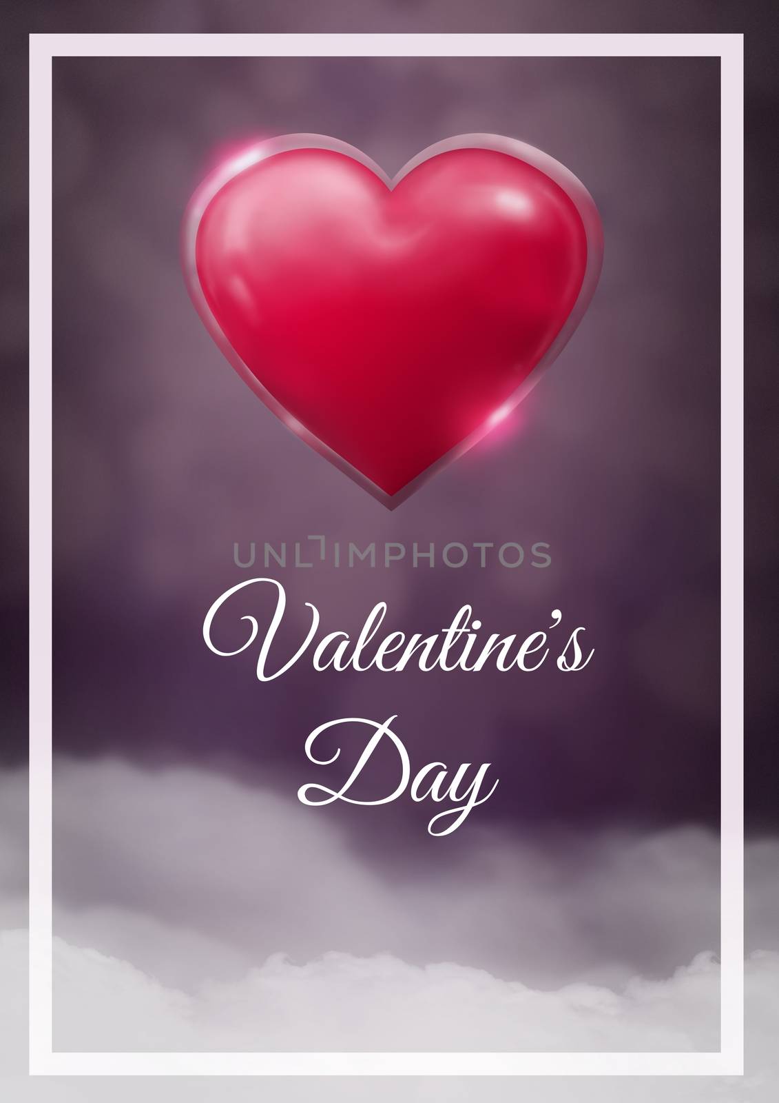 Digital composite of Valentine's Day text and Shiny heart glowing with purple misty background