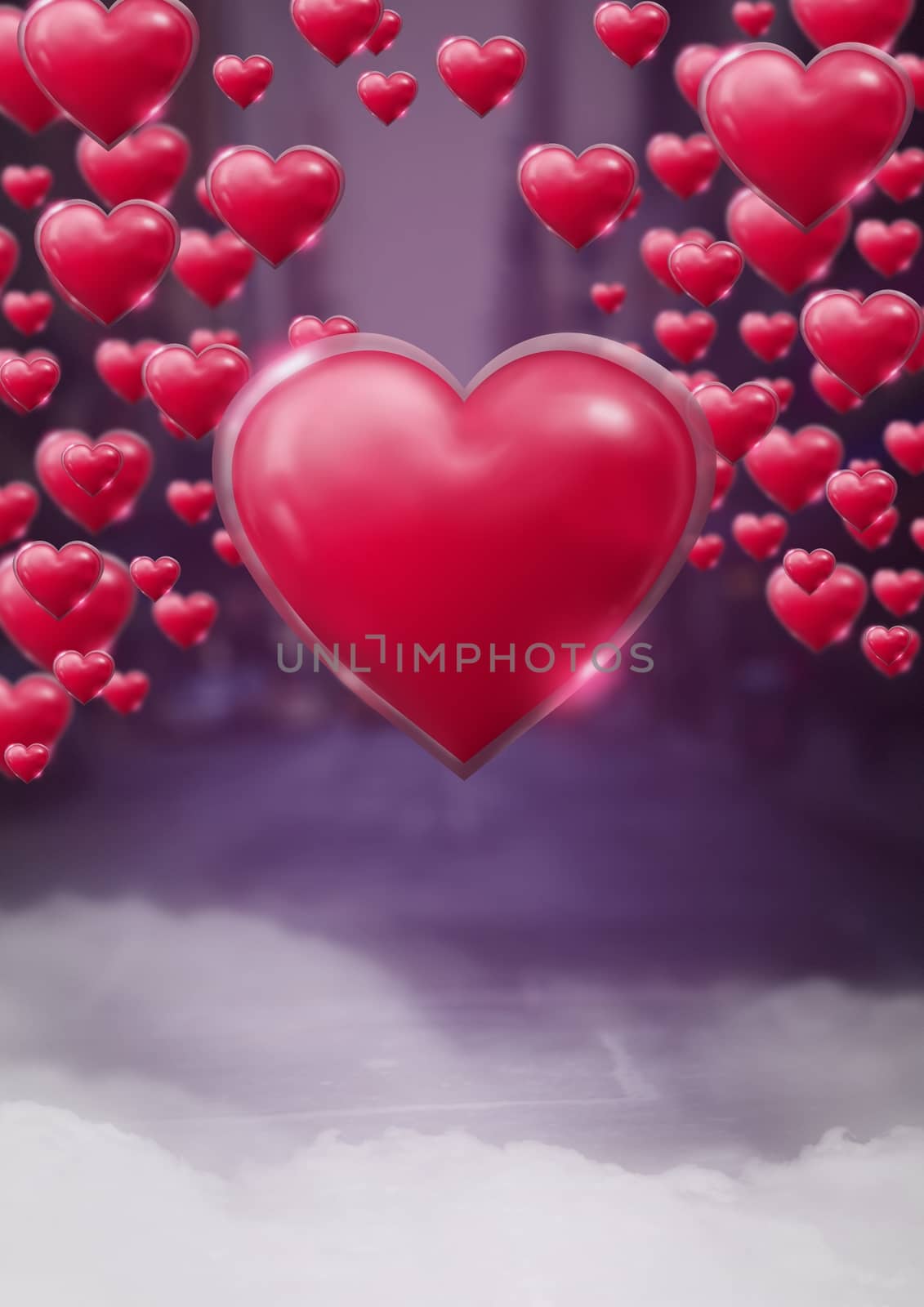 Digital composite of Shiny bubbly Valentines hearts with purple city misty background