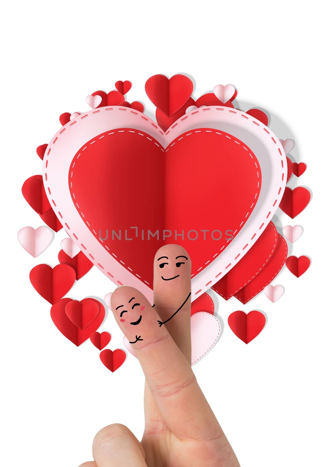 Digital composite of Valentine's fingers love couple and Paper Valentines hearts in circle shape