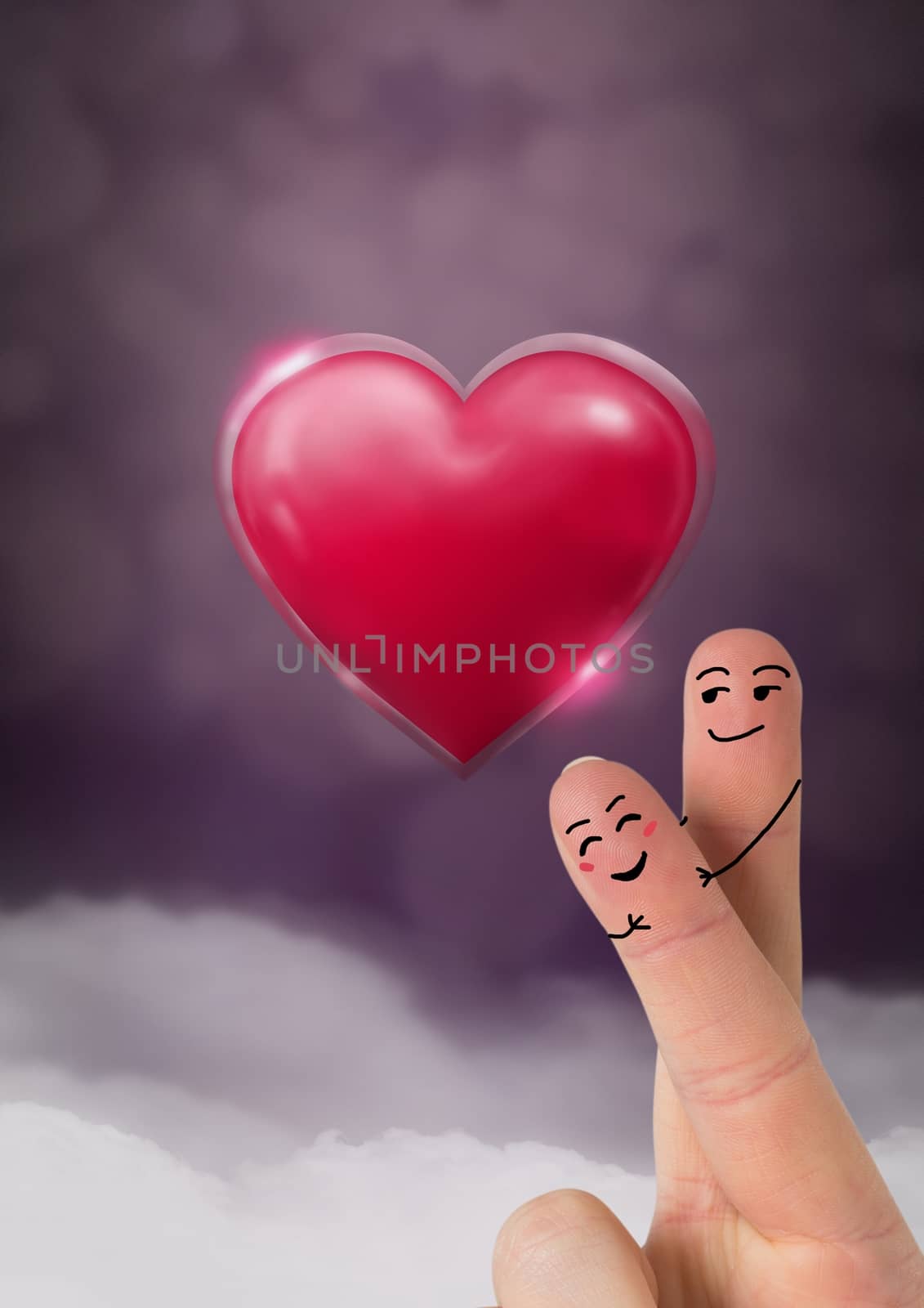 Digital composite of Valentine's fingers love couple and Shiny heart glowing with purple misty background
