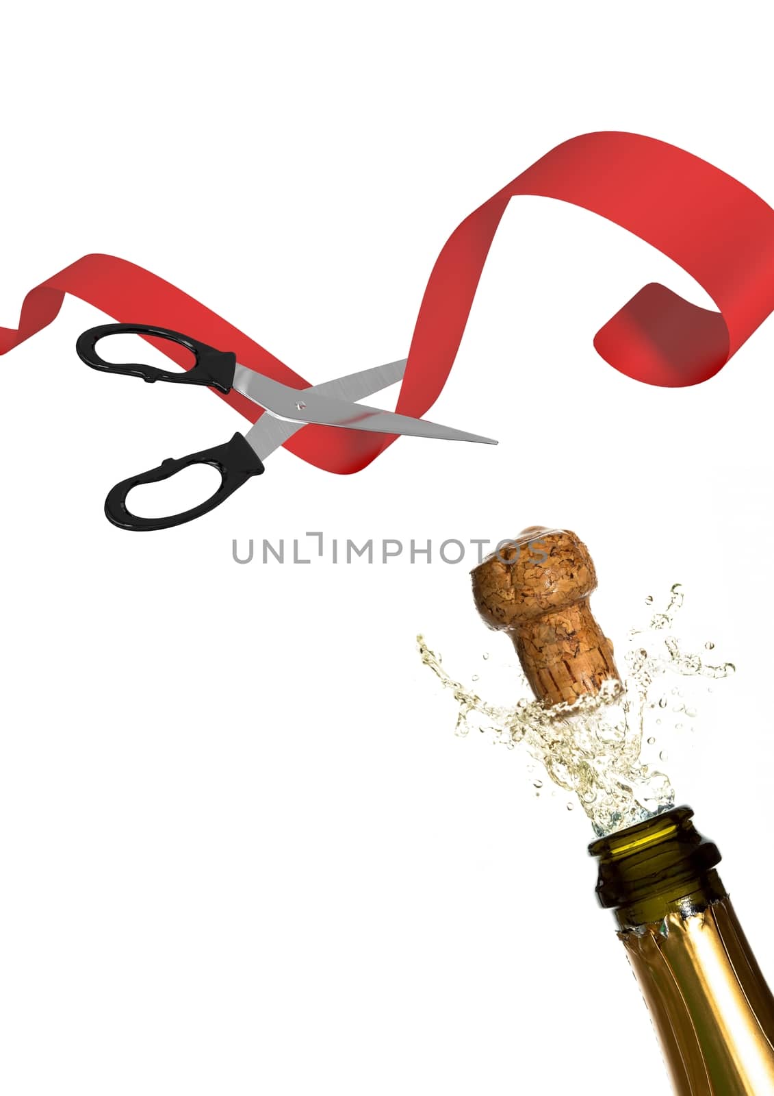 Digital composite of Scissors cutting ribbon with champagne