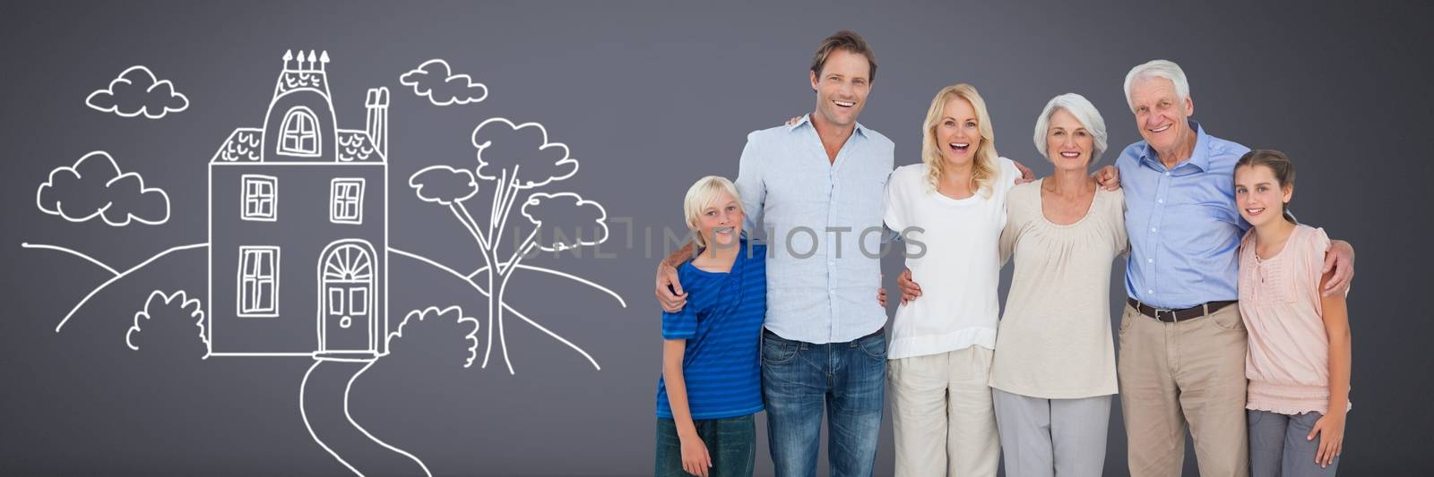 Digital composite of Family generations together with home drawing