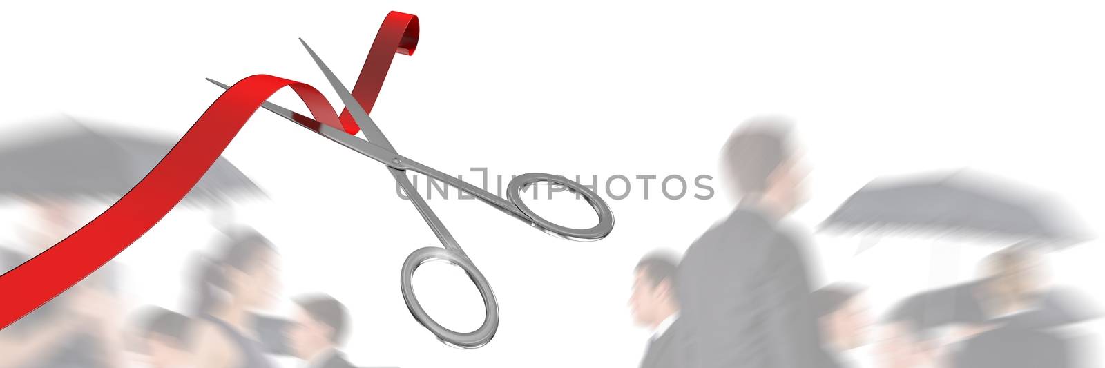 Digital composite of Scissors cutting ribbon with business people