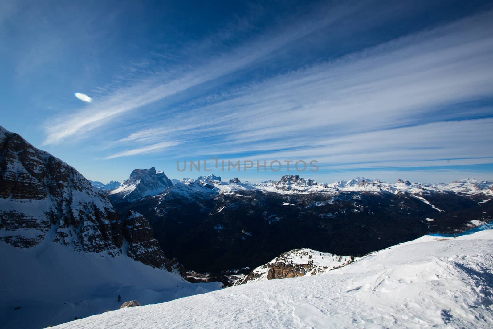 Dolomities Dolomiti Italy in wintertime beautiful alps winter mountains and ski slope Cortina d'Ampezzo Faloria skiing resort area