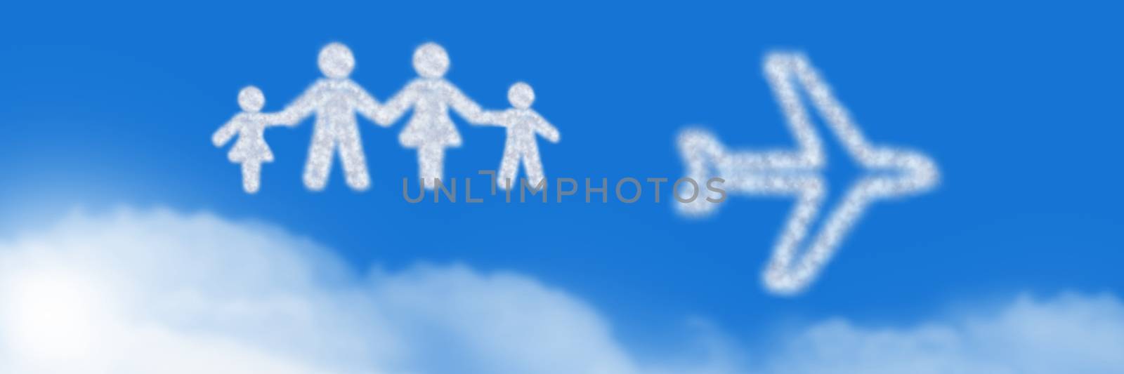 Digital composite of Family travel and plane Cloud Icons with sky