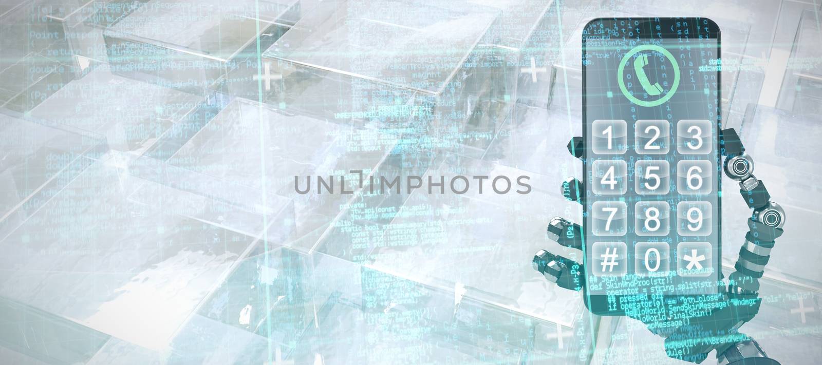Blue and grey matrix and codes against abstract square background