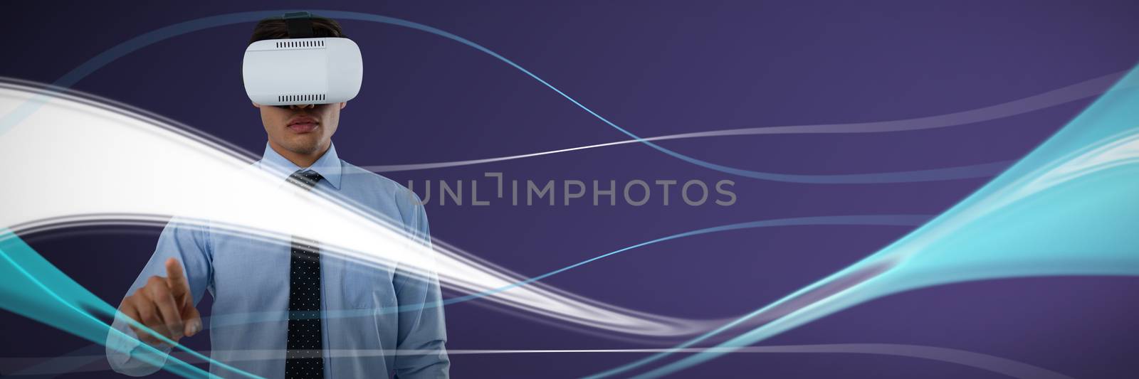 Composite image of businessman using invisible interface while wearing vr glasses by Wavebreakmedia