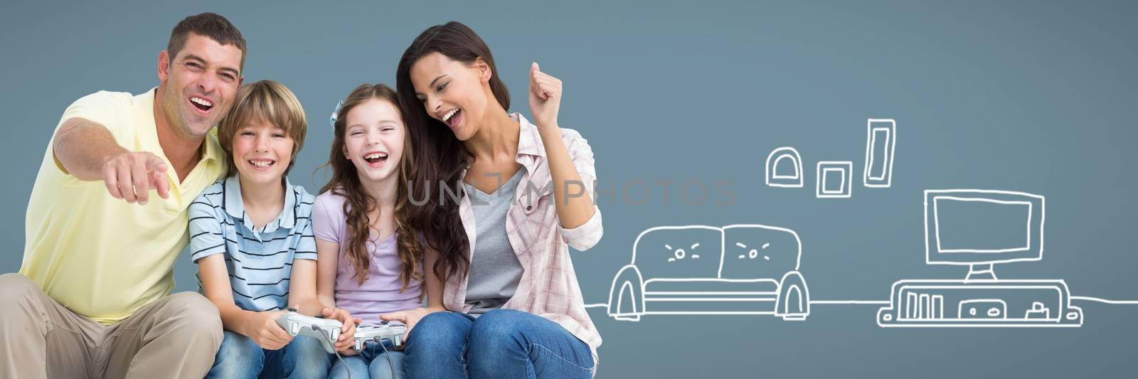 Digital composite of Family having fun together with television and couch drawings
