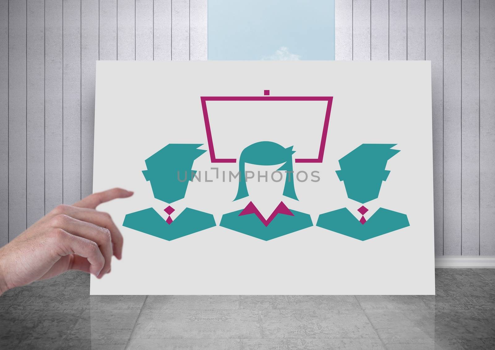 Digital composite of Hand pointing with business people and screen on white board