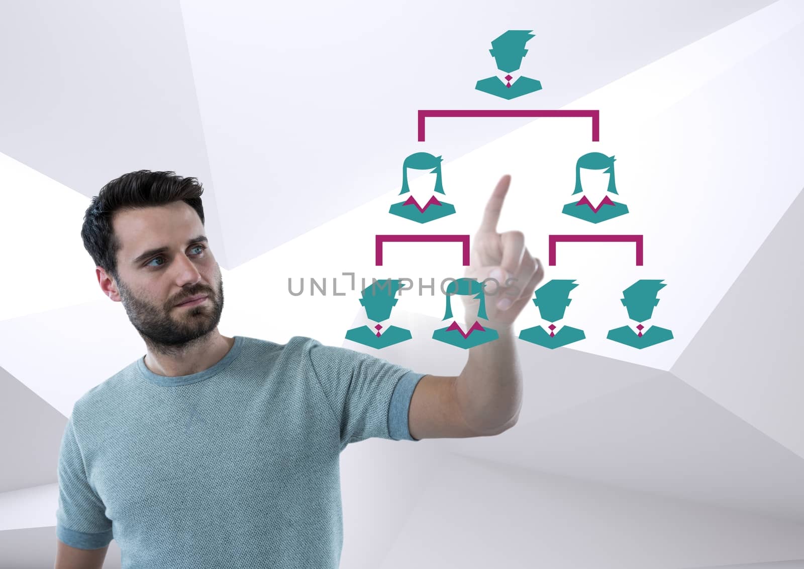 Digital composite of Hand pointing with business people icons connected tree