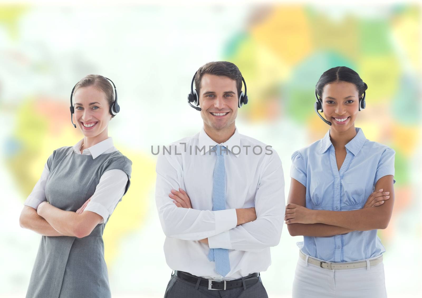 Digital composite of Travel agents wearing headsets in front of world map