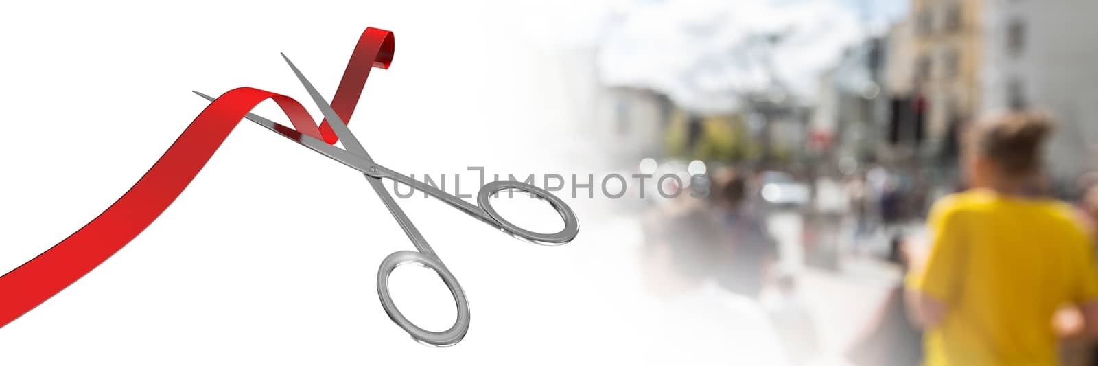Digital composite of Scissors cutting ribbon with people on street