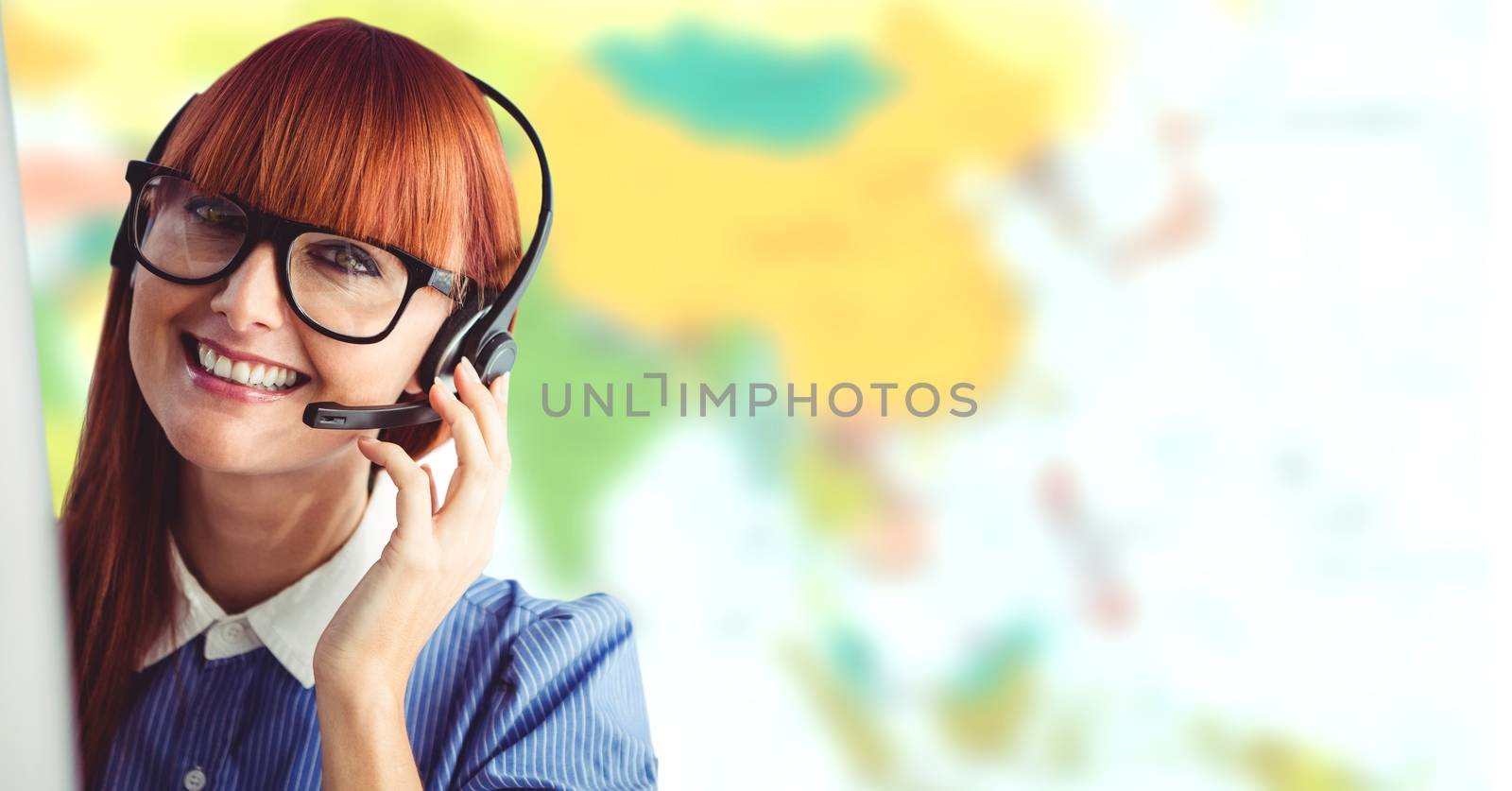 Digital composite of Travel agent woman wearing headset in front of world map