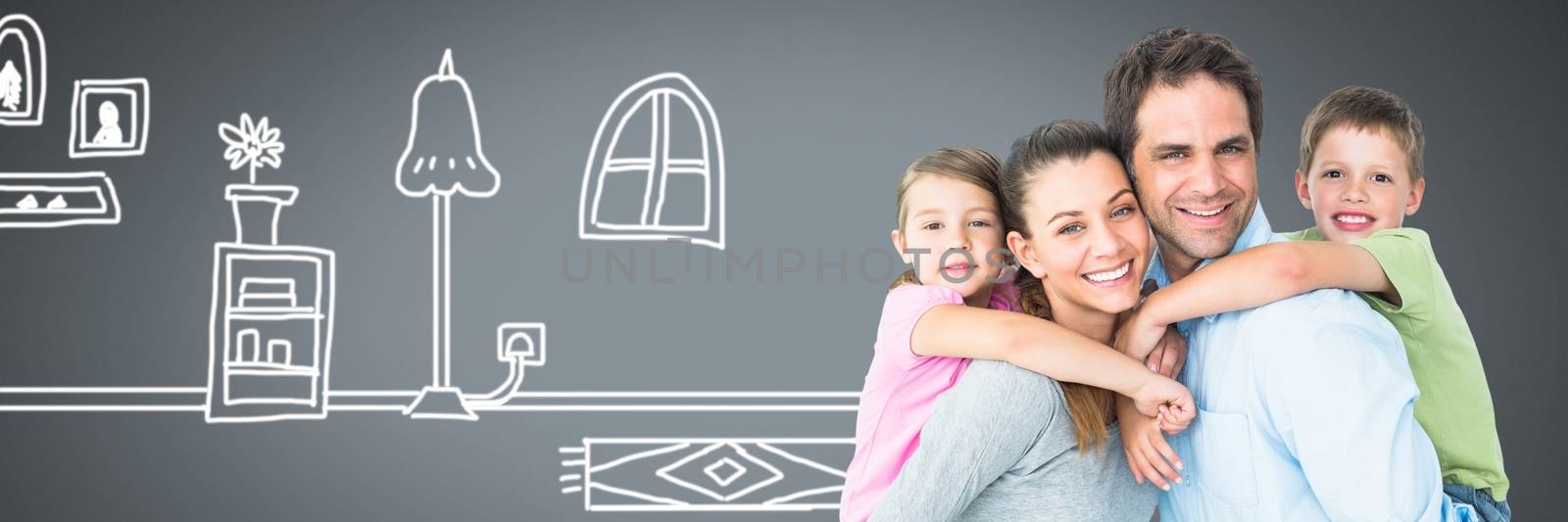 Digital composite of Family close together with home drawings