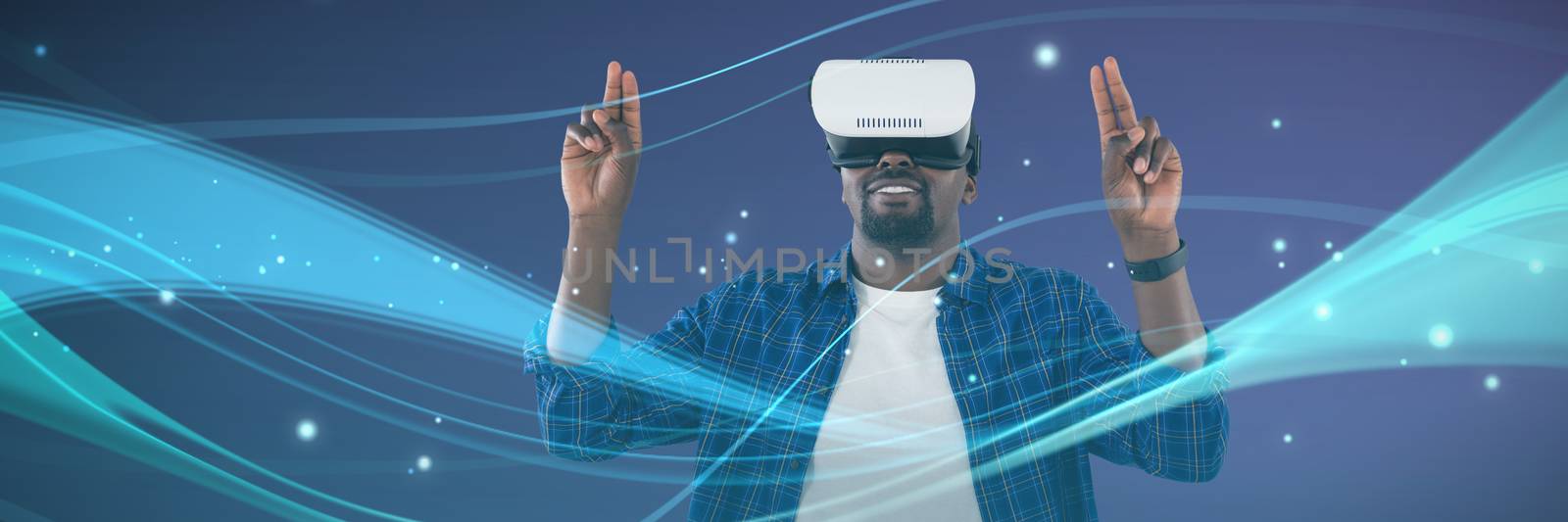 Composite image of man gesturing while using virtual reality headset by Wavebreakmedia