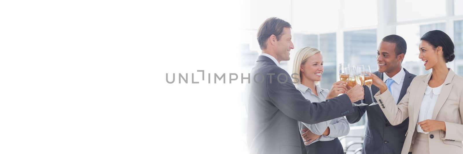 Digital composite of business people celebrating with champagne transition