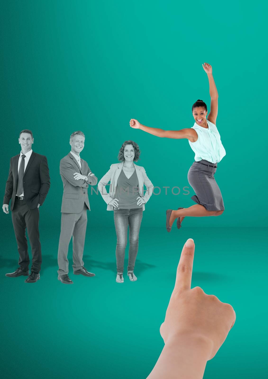 Digital composite of Hand choosing a business woman on a green background with business people