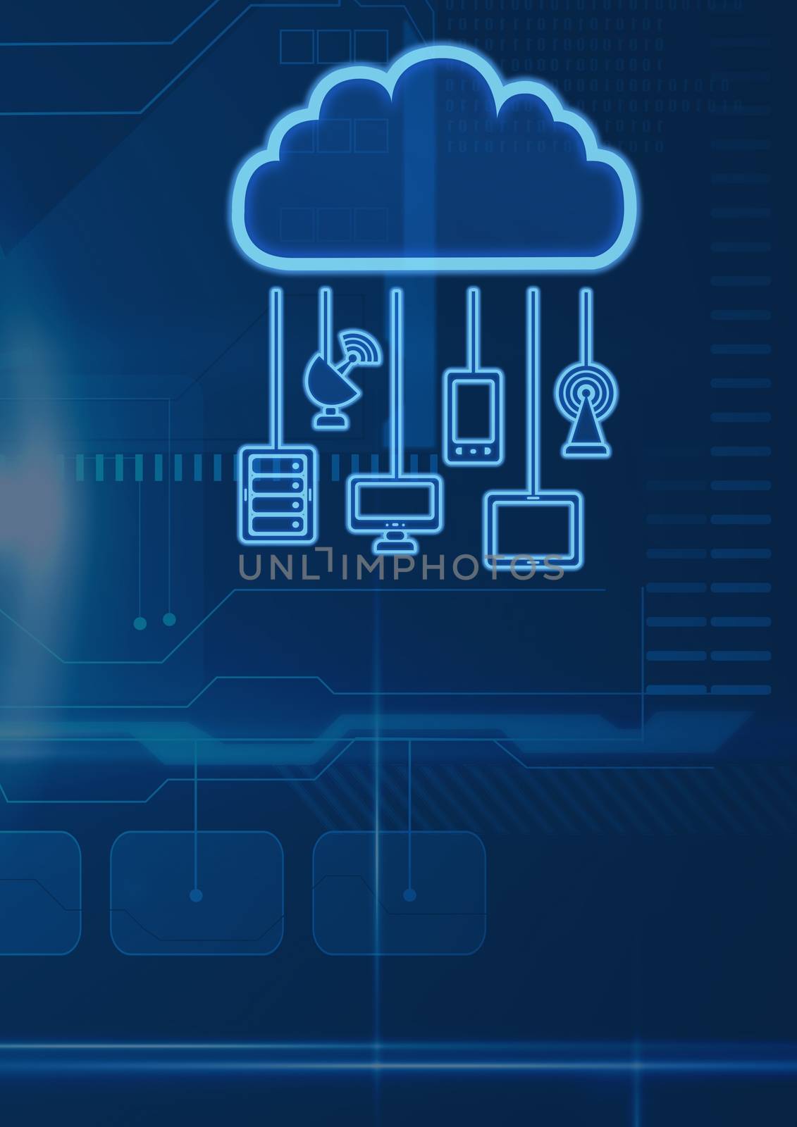 Digital composite of cloud icon and hanging connection devices with blue technology background