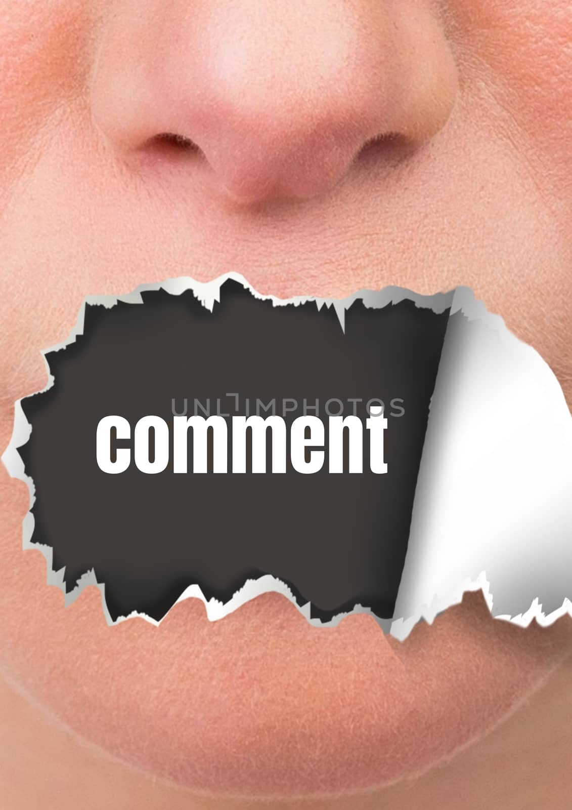 Digital composite of Face with torn paper on mouth and comment text