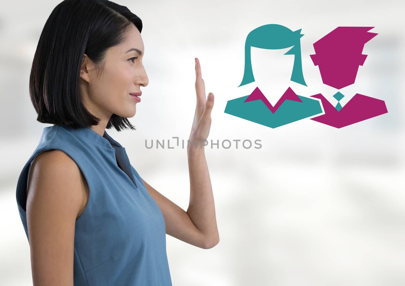 Digital composite of Businesswoman raising hand with business people icons