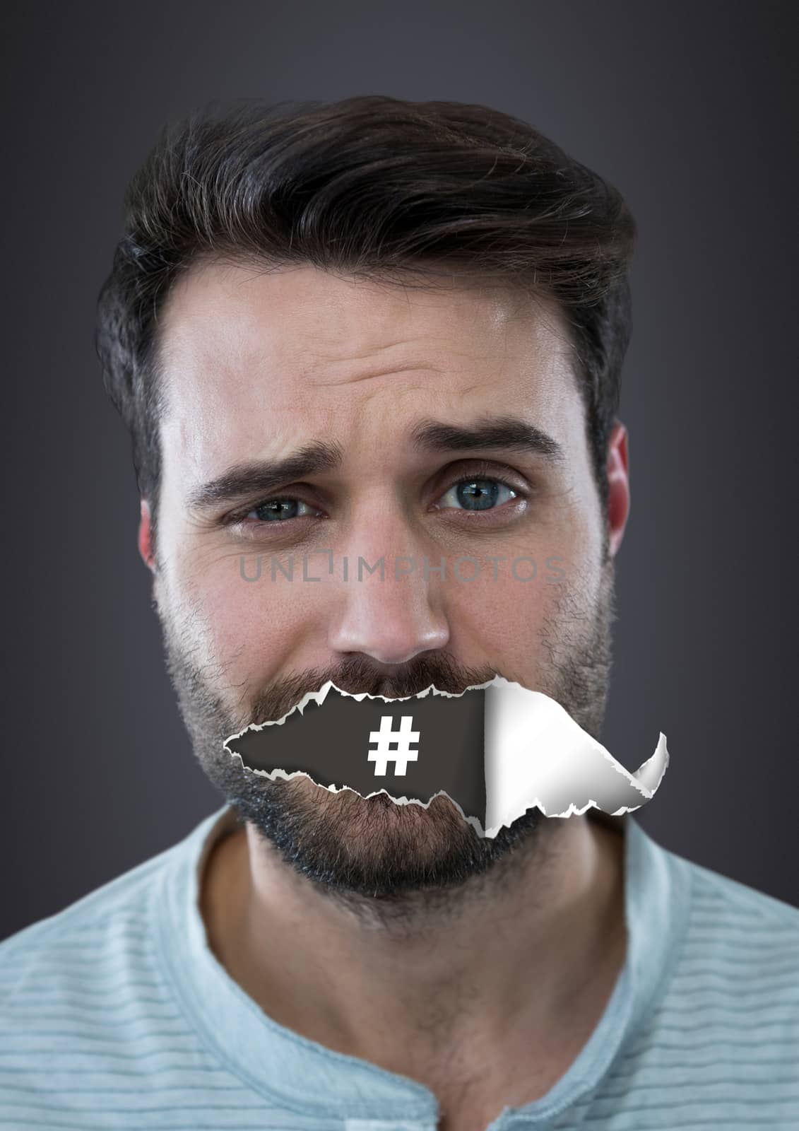 Digital composite of Hashtag icon and Man with torn paper on mouth