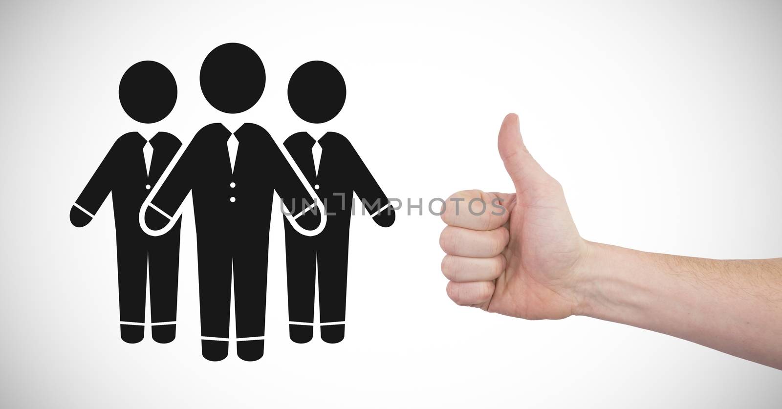 Digital composite of Thumbs up with people group icon