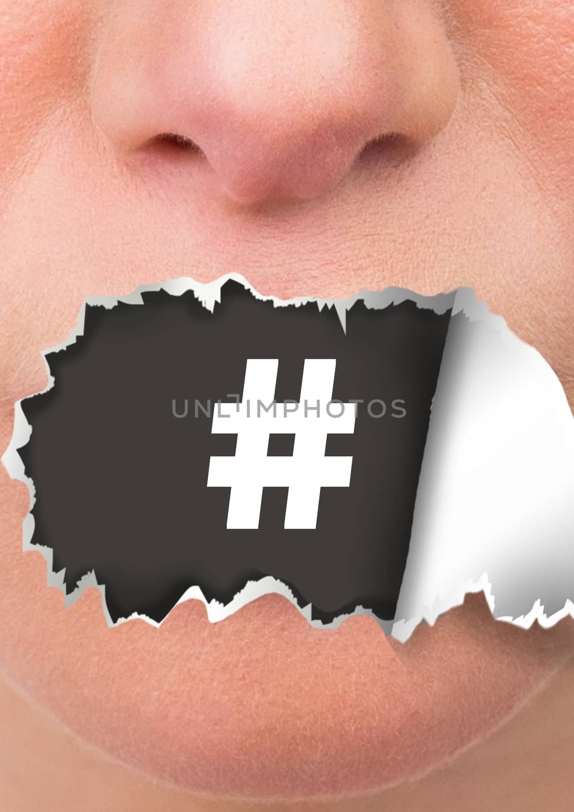 Digital composite of Hashtag icon and Face with torn paper on mouth