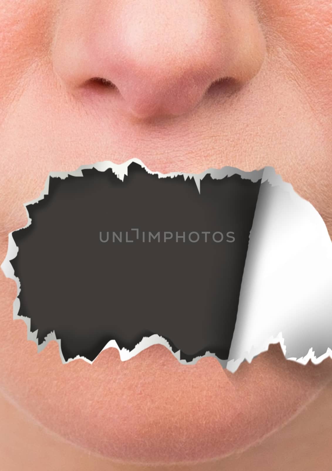 Digital composite of Face with torn paper on mouth